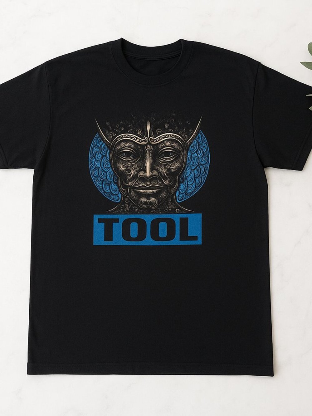 Tool Graphic T-Shirt | Blue Sacred Mask Design | Black Rock Band Style Tee